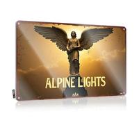 FZFN Cartel de lata de cerveza caliente, ángel de luces alpinas: una estatua de puesta de sol serena, decoración del hogar para hombres (20 x 30 cm)