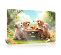 FZFN Decoración de pared vintage de metal de estaño, cuatro cachorros disfrutando de un picnic en un jardín soleado, rústico, agradable para decoración de carretera y hogar (20 x 30 cm)