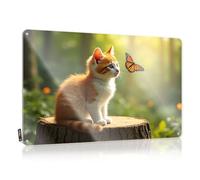 FZFN Decoración de puntada reutilizable | Un gatito curioso observa una mariposa en un bosque iluminado por el sol, decoración escandinava (30 x 40 cm)