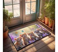 FZFN Divertido camino de espuma viscoelástica para decoración de habitación | Cinco gatitos lindos en un jardín con mariposas y flores para puerta al aire libre, grande, antideslizante, absorbente