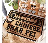 FZFN Divertido tapete para puerta delantera, lavable a máquina, con texto en inglés «Beware Of Chinese Shar Pei» | Rollo de flores silvestres/ondas - Alfombra debajo de la puerta al aire libre para
