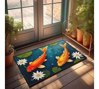 FZFN Dos peces koi naranjas nadan entre almohadillas de lirio y flores. Alfombrilla de ducha de área geométrica | Decoración de bar de patio trasero, respaldo de goma lavable duradero para adultos