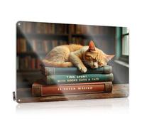 FZFN El tiempo pasado con libros, gatos y gatos nunca se pierde. Bonito arte de pared | Decoración de patio al aire libre estilo vintage dulce decoración de campamento fácil de colgar (30 x 40 cm)