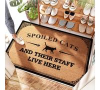 FZFN Felpudo de coco con forma de círculo pequeño con gatos mimados y su personal vive aquí, puerta de yute para exteriores, plantillas de softball deslizantes, alfombra de cocina antideslizante