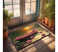 FZFN Felpudos de arena para puerta de entrada al aire libre, diseño de barco decorado con flores rosas en un lago sereno al atardecer, antideslizante, resistente a las manchas (50 x 80 cm)