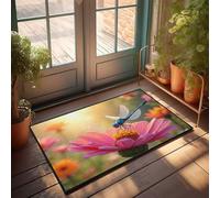 FZFN Felpudos de espuma viscoelástica para exteriores, diseño de libélula bailando sobre una flor rosa, alfombra doble para puerta grande (65 x 90 cm)