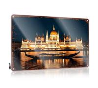 FZFN Golden Reflections: A Nighttime View Of Budapest 's Parliament Bui - Letreros vintage divertidos para decoración de sala de belleza, decoración de sala de belleza, arte colgante sarcástico suave