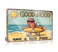 FZFN Good Mood: Hot Dog Surfer On The Beach Tiki para colgar en la entrada, decoración envejecida, decoración de pared de metal vintage (20 x 30 cm)