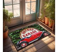 FZFN Letrero de cochera rojo vintage con texto en inglés "Hot Rod Car In Front Of Hotrod", tejido a mano, decoración de cueva de hombre de bar, tapete duradero e impermeable para mascotas (50 x 80 cm)