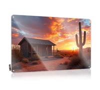FZFN Letrero de Halloween para decoración de pared vintage | Puesta de sol en el desierto con cabaña de madera y cactus. Ideas simples para decoración del hogar, patio, bar (20 x 30 cm)