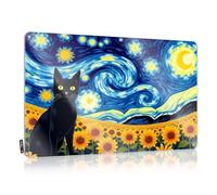 FZFN Letrero divertido estético vintage para decoración de pared, un gato negro se encuentra en medio de vibrantes girasoles bajo un cielo estrellado en remolino. Colección de humor para decoración