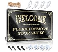 FZFN Letreros de pared simples para decoración del hogar - Welcome Please Remove Your Shoes Bonita obra de arte de estilo rústico para exteriores (20 x 30 cm)