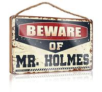 FZFN Placa de madera con texto en inglés "Beware Of Mr. Holmes", decoración de dormitorio de niños, decoración de playa para el hogar (20 x 30 cm)