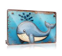 FZFN Póster de marcador para decoración de piscina al aire libre, una ballena azul caprichosa con percebes en su espalda nada en una escena del océano. Tiene un colgante rústico de pared (20 x 30 cm)