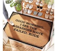 FZFN Tapete de fibra de coco con diseño de sandía con texto en inglés "Good Morning" "I See The Assassins Have Failed". Alfombra de piel sintética para debajo del tapete para porche delantero para