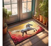 FZFN Un majestuoso caballo blanco galopa entre vibrantes flores rojas. Alfombra vintage accesorios de cocina | Puerta al aire libre divertida acolchada cocina absorbente de agua (65 x 90 cm)