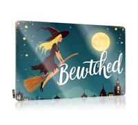 FZFN Una bruja volando en una escoba bajo una luna llena con la palabra hechizada, accesorios de oficina redondos para hombres, divertido accesorio de arte de pared para colgar (30 x 40 cm)
