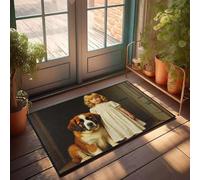 FZFN Una chica joven con un vestido blanco se coloca junto a una gran alfombrilla para perro, primavera, bienvenida, resistente a las manchas, para exteriores, divertido baño de secado rápido, fácil