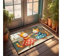 FZFN Welcome Door - Alfombrilla de baño de espuma viscoelástica, diseño de dos gatos con vestidos de lunares bailando en una cocina. Gran baño antideslizante para interiores y exteriores (50 x 80 cm)