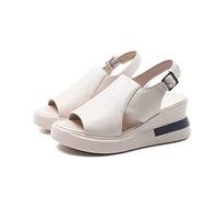 FZHGHJT Sandalias ortopédicas de verano, sandalias casuales de tacón alto con plataforma con boca de pez, sandalias de cuña de cuero suave (beige, 37)