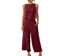FZKun Conjunto De Lino Para Mujeres - Conjuntos De Verano A Juego Con Crop Top Y Pantalón Tank Top Conjunto Ancho Con Bolsillos Chándal Para Vacaciones En La Playa (S,Borgoña)