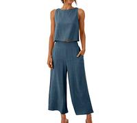 FZKun Conjunto De Lino Para Mujeres - Conjuntos De Verano A Juego Con Crop Top Y Pantalón Tank Top Conjunto Ancho Con Bolsillos Chándal Para Vacaciones En La Playa (L,Azul1)