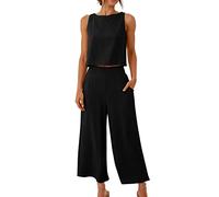 FZKun Conjunto De Lino Para Mujeres - Conjuntos De Verano A Juego Con Crop Top Y Pantalón Tank Top Conjunto Ancho Con Bolsillos Chándal Para Vacaciones En La Playa (L,Negro)
