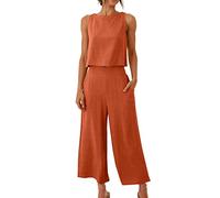 FZKun Conjunto De Lino Para Mujeres - Conjuntos De Verano A Juego Con Crop Top Y Pantalón Tank Top Conjunto Ancho Con Bolsillos Chándal Para Vacaciones En La Playa (S,Naranja)
