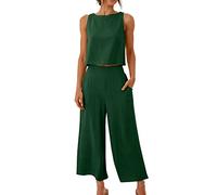 FZKun Conjunto De Lino Para Mujeres - Conjuntos De Verano A Juego Con Crop Top Y Pantalón Tank Top Conjunto Ancho Con Bolsillos Chándal Para Vacaciones En La Playa (XL,Verde3)