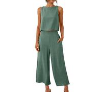 FZKun Conjunto De Lino Para Mujeres - Conjuntos De Verano A Juego Con Crop Top Y Pantalón Tank Top Conjunto Ancho Con Bolsillos Chándal Para Vacaciones En La Playa (L,Verde2)