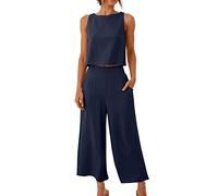 FZKun Conjunto De Lino Para Mujeres - Conjuntos De Verano A Juego Con Crop Top Y Pantalón Tank Top Conjunto Ancho Con Bolsillos Chándal Para Vacaciones En La Playa (4XL,Armada)