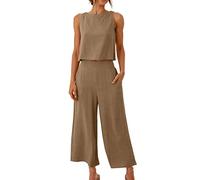 FZKun Conjunto De Lino Para Mujeres - Conjuntos De Verano A Juego Con Crop Top Y Pantalón Tank Top Conjunto Ancho Con Bolsillos Chándal Para Vacaciones En La Playa (S,Marrón)