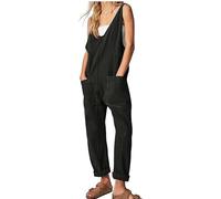 FZKun Peto Vaquero Para Mujer - Informal Escote En V Corte Holgado Tirantes Ajustables Pantalones Vaqueros Con Bolsillos Mono Cargo Con Piernas Rectas Tirantes Rompers (L,Negro)