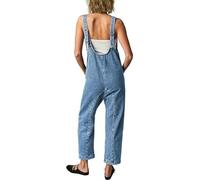 FZKun Peto Vaquero Para Mujer - Informal Escote En V Corte Holgado Tirantes Ajustables Pantalones Vaqueros Con Bolsillos Mono Cargo Con Piernas Rectas Tirantes Rompers (M,Azul)