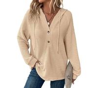 FZKun Sudaderas con capucha de punto gofre para mujer, suéter de manga larga con cordón, cuello en V con botones, tops de punto de gran tamaño, albaricoque, XL