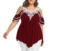 FZKun Top Túnica De Talla Grande Para Mujer - Aplicaciones De Encaje Cuello En V Mangas Cortas Hombros Descubiertos Camiseta Asimétrica Blusa Plisada Con Vuelo Tops Elegantes Suelto (6XL,Rojo)