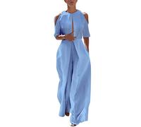FZKun Traje Pantalón De Mujer - Hombros Descubiertos Pantalones De Cintura Alta Mono Ancho Y Casual De Una Pieza Con Bolsillos (XL,Azul)