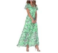 FZKun Vestido Largo De Gasa Floral Para Mujer - Vestido Veraniego Elegante Boho Largo Fluido Mangas Con Volantes Atuendo De Playa De Vacaciones Invitada De Boda Fiesta De Cóctel (M,Verde)
