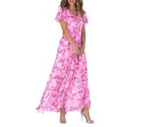 FZKun Vestido Largo De Gasa Floral Para Mujer - Vestido Veraniego Elegante Boho Largo Fluido Mangas Con Volantes Atuendo De Playa De Vacaciones Invitada De Boda Fiesta De Cóctel (M,Rosa)