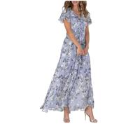 FZKun Vestido Largo De Gasa Floral para Mujer - Vestido Veraniego Elegante Boho Largo Fluido Mangas con Volantes Atuendo De Playa De Vacaciones Invitada De Boda Fiesta De Cóctel (L,Púrpura)