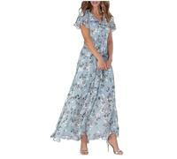 FZKun Vestido Largo De Gasa Floral Para Mujer - Vestido Veraniego Elegante Boho Largo Fluido Mangas Con Volantes Atuendo De Playa De Vacaciones Invitada De Boda Fiesta De Cóctel (3XL,Gris azul)