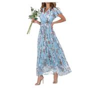 FZKun Vestido Largo De Gasa Floral Para Mujer - Vestido Veraniego Elegante Boho Largo Fluido Mangas Con Volantes Atuendo De Playa De Vacaciones Invitada De Boda Fiesta De Cóctel (XL,Azul)