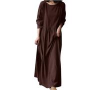 FZKun Vestido Largo Maxi De Lino Oversize Para Mujer - Vestido Veraniego Casual Boho De Manga Larga Cuello Redondo Ajuste Holgado Playa Hawaiana Largo De Moda Conciertos Country (XXL,Marrón)