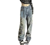 FZKun Y2K Streetwear - Pantalones de mezclilla estilo cargo con bolsillos, estampado de estrellas grises, talle bajo, estilo gótico, recto, estilo grunge, holgado, vintage, f, 3XL