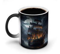 FZMVSQH Taza de café mágica con diseño de barco pirata, diseño de luna llena, personalizada, cambia de color, sensible al calor, con asa, taza de cerámica divertida para té, leche, cacao