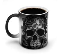 FZMVSQH - Taza de café mágica con diseño de calavera negra y rosa mágica que cambia de color, sensible al calor, con asa, tazas de 11 onzas, divertida taza de cerámica para té, latte, leche/cacao