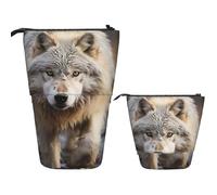 FZQVSLCM Estuche telescópico para lápices con diseño de lobo caminando, soporte para bolígrafos, bolsa de cosméticos de pie, bolsa de maquillaje de viaje, bolsa de aseo portátil para mujeres y hombres