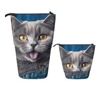 FZQVSLCM Estuche telescópico para lápices, diseño de gato azul que sobresale la lengua, soporte para bolígrafos de pie, bolsa de cosméticos de pie, bolsa de maquillaje de viaje, bolsa de aseo portátil