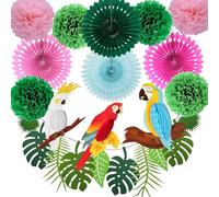 Fzyisw 23 unidades de decoración de la selva para cumpleaños, fiestas de jardín, decoración de papagayo, pájaro, decoración de verano, guirnalda de pompones, decoración y abanicos de papel para