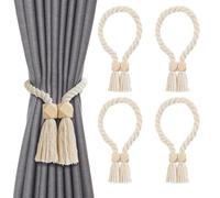 Fzyisw 4 unidades de alzapaños magnéticos para cortinas, estilo bohemio, con flecos y cuentas de madera, fuertes soportes magnéticos para cortinas para salón, dormitorio, balcón